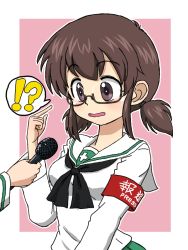 Rule 34 | !?, birthday, blush, brown hair, commentary, commentary request, girls und panzer, glasses, microphone, ooarai school uniform, ou taiga, school uniform, short twintails, takahashi kurage, textless version, twintails