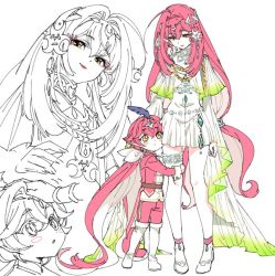 Rule 34 | 1boy, 1girl, blush, breasts, brother and sister, colored skin, dress, fish girl, full body, hair ornament, humanization, jewelry, long hair, looking at viewer, mipha, nintendo, red hair, red skin, shorts, shuri (84k), siblings, sidon, smile, the legend of zelda, the legend of zelda: breath of the wild, white background, yellow eyes, aged down, zora
