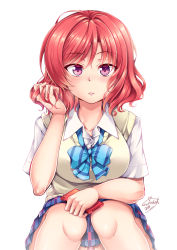 Rule 34 | 1girl, 2019, blue bow, bow, breasts, commentary request, dated, hair between eyes, highres, large breasts, loose neckwear, love live!, love live! school idol project, nishikino maki, panties, pantyshot, plaid, plaid skirt, pleated skirt, purple eyes, red hair, school uniform, shirt, short hair, signature, simple background, skirt, solo, striped, striped bow, sweater vest, underwear, white background, white shirt, windart