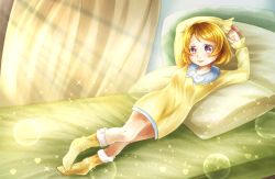 Rule 34 | 1girl, artist name, artist request, bare legs, bed, blush, bow, bowtie, breasts, brown hair, female focus, full body, hair between eyes, highres, indoors, koizumi hanayo, long sleeves, looking at viewer, love live!, love live! school idol project, lying, miniskirt, on back, on bed, parted lips, pillow, plaid, plaid skirt, pleated, pleated skirt, purple eyes, short hair, skirt, small breasts, smile, socks, solo, sparkle, white bow, yellow curtains, yellow skirt
