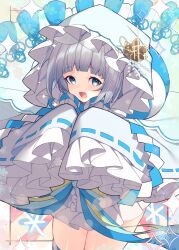 Rule 34 | 1girl, absurdres, blue bow, blue eyes, blue hair, blush, bow, flower knight girl, frilled sleeves, frills, hair ornament, hatsuyukisou (flower knight girl), headgear, highres, hood, hoodie, japanese clothes, kimono, light blue hair, long sleeves, looking at viewer, miko, nontraditional miko, open mouth, ribbon-trimmed sleeves, ribbon trim, skirt, smile, snowflake print, solo, thighhighs, waist bow, white hair, white kimono, wide sleeves, yononaka