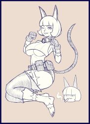 Rule 34 | 1girl, :3, absurdres, barefoot, beige background, belt buckle, belt pouch, blunt bangs, bob cut, breasts, buckle, cat girl, chibi, claws, collar, crop top, detached leggings, fangs, fingerless gloves, full body, gloves, highres, large breasts, looking at another, marijuana, ms. fortune (skullgirls), neck bell, one eye closed, paw pose, picote, pouch, scar, short hair, skullgirls, smile, smoking, solo, sports bikini, tongue, tongue out, underboob