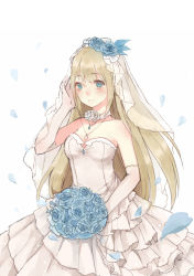 Rule 34 | 1girl, alternate costume, asterisk (17765839), bare shoulders, blonde hair, blue eyes, blue flower, blue rose, blush, bouquet, breasts, bridal veil, closed mouth, cowboy shot, dress, elbow gloves, eyebrows, flower, frilled dress, frills, gloves, hair flower, hair ornament, hand in own hair, highres, holding, holding bouquet, jewelry, lexington (warship girls r), light smile, looking at viewer, necklace, pendant, petals, rose, seashell, shell, smile, solo, veil, warship girls r, wedding dress, white background, white dress, white flower, white gloves, white rose