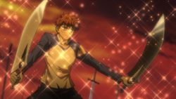 Rule 34 | 1boy, emiya shirou, fate/stay night, fate (series), male focus, manly, red hair, screencap, shirt, solo, sword, torn clothes, torn shirt, unlimited blade works (fate), weapon, worn shirt