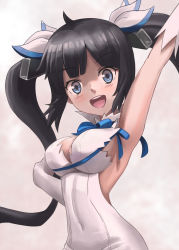 Rule 34 | absurdres, arm up, armpits, backless dress, backless outfit, bare shoulders, bell, black hair, blue bow, blue bowtie, blue eyes, blunt bangs, blush, bow, bowtie, breasts, cleavage, cleavage cutout, clothing cutout, conejologia, covered navel, cropped, dress, dungeon ni deai wo motomeru no wa machigatteiru darou ka, elbow gloves, floating hair, gloves, hestia (danmachi), highres, large breasts, long hair, looking at viewer, narrow waist, open mouth, pencil dress, rei no himo, sideboob, sideless outfit, sidelocks, simple background, sleeveless, sleeveless dress, smile, solo, teeth, tight clothes, tight dress, twintails, upper body, upper teeth only, very long hair, white dress