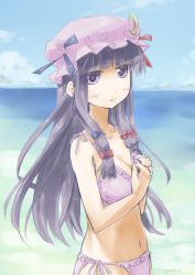 Rule 34 | 1girl, bad id, bad pixiv id, bare shoulders, beach, bikini, breasts, bug, butterfly, crescent, day, female focus, hand on own chest, hat, bug, long hair, medium breasts, navel, ocean, outdoors, patchouli knowledge, purple hair, sky, solo, swimsuit, touhou, water, y (sy20)