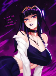 Rule 34 | 1girl, bare shoulders, black hair, breasts, choker, circle, collarbone, crop top, cut bangs, eyeliner, fire emblem, fire emblem awakening, goth fashion, highres, jacket, jewelry, large breasts, lipstick, long hair, looking at viewer, makeup, midriff, navel, necklace, nintendo, parted lips, purple eyes, purple lips, qtori, solo, tharja (fire emblem), white jacket