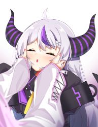 Rule 34 | 100ton250, 2girls, absurdres, ahoge, black coat, blush, braid, closed eyes, coat, collar, cuffs, demon girl, demon horns, gradient background, hakui koyori, hands on another&#039;s cheeks, hands on another&#039;s face, highres, hololive, holox, horns, la+ darknesss, long hair, metal collar, multicolored hair, multiple girls, nail polish, necktie, open mouth, pink hair, pink nails, pout, purple hair, silver hair, sleeve cuffs, sleeves past fingers, sleeves past wrists, streaked hair, striped horns, two-tone hair, very long hair, virtual youtuber, white background, white coat, yellow necktie, zipper pull tab