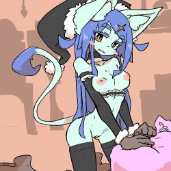 Rule 34 | 1girl, animal ears, bag, black thighhighs, boots, cat ears, choker, christmas, female focus, furry, furry female, gloves, kneeling, light smile, long hair, looking at viewer, no bra, no humans, nude, purple hair, santa costume, solo, tail, the amboina, thighhighs, yellow eyes