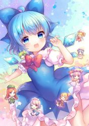 Rule 34 | 6+girls, :d, = =, ahoge, apron, aqua eyes, ascot, bat wings, beret, blonde hair, blue bow, blue dress, blue eyes, blue hair, blush, book, bow, breasts, chibi, cirno, coa (chroo x), commentary request, crescent, crescent hat ornament, crystal, daiyousei, dress, embodiment of scarlet devil, fairy wings, flandre scarlet, frilled dress, frilled shirt collar, frills, green hair, hair bow, hat, hat ornament, head wings, holding, holding book, hong meiling, ice, ice wings, izayoi sakuya, koakuma, light blue hair, long hair, long sleeves, maid, maid apron, maid headdress, mob cap, multiple girls, one eye closed, open mouth, outstretched arms, patchouli knowledge, pinafore dress, puffy short sleeves, puffy sleeves, purple eyes, purple hair, red ascot, red eyes, red hair, red ribbon, remilia scarlet, ribbon, rumia, short hair, short sleeves, side ponytail, sleeveless, sleeveless dress, small breasts, smile, sparkle, star (symbol), star hat ornament, striped clothes, striped dress, thighs, touhou, upper body, vertical-striped clothes, vertical-striped dress, wings