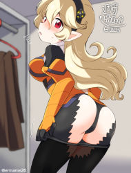 Rule 34 | 1girl, ass, black panties, black pantyhose, blonde hair, blush, breasts, breath, clothes hanger, clothes pull, corrin (female) (fire emblem), corrin (fire emblem), dress, dressing room, eromame, fang, fire emblem, fire emblem fates, from behind, gloves, hairband, long hair, long sleeves, looking at viewer, looking back, medium breasts, nintendo, open mouth, orange dress, orange gloves, panties, pantyhose, pantyhose pull, pointy ears, puffy sleeves, red eyes, standing, sweatdrop, underwear, undressing, wall