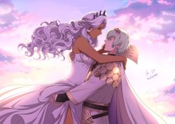 Rule 34 | 1boy, 1girl, arm around neck, artist name, autumn sacura, bare shoulders, byleth (fire emblem), byleth (male) (fire emblem), cape, carrying, cloud, cloudy sky, crown, dark-skinned female, dark skin, dress, fire emblem, fire emblem: three houses, from side, green eyes, green hair, hand on another&#039;s face, high collar, long hair, looking at another, nintendo, original, purple dress, purple eyes, short hair, sky, smile, tiara, wavy hair