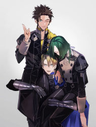 Rule 34 | 3boys, arm around waist, bad id, bad twitter id, black jacket, black pants, blonde hair, blue cape, blue eyes, brown hair, cape, carrying, carrying person, claude von riegan, closed eyes, cowboy shot, dimitri alexandre blaiddyd, fire emblem, fire emblem: three houses, garreg mach monastery uniform, gold trim, green eyes, green hair, hair between eyes, hair over one eye, hand on another&#039;s shoulder, high collar, jacket, juliet sleeves, linhardt von hevring, long sleeves, looking at viewer, low ponytail, male focus, medium hair, metal gloves, multiple boys, nintendo, one eye closed, one eye covered, open collar, open mouth, pants, parted bangs, puffy sleeves, ribbon, short hair, sleeping, smile, teeth, tsukimura noe, upper teeth only, white background, white ribbon, yellow cape