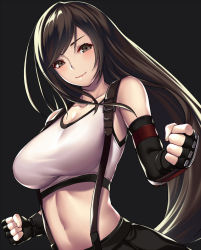 Rule 34 | 1girl, black background, black hair, black skirt, blush, breasts, brown eyes, brown hair, clenched hands, closed mouth, elbow gloves, final fantasy, final fantasy vii, fingerless gloves, gloves, highres, large breasts, long hair, low-tied long hair, midriff, navel, pencil skirt, red eyes, sidelocks, simple background, skirt, smile, solo, suspender skirt, suspenders, takanashi-a, tank top, tifa lockhart