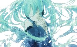 Rule 34 | 1girl, bare shoulders, close-up, detached sleeves, eiku, closed eyes, eyes visible through hair, floating hair, hatsune miku, head tilt, headset, highres, interlocked fingers, light smile, long hair, own hands clasped, own hands together, shirt, simple background, sleeveless, sleeveless shirt, solo, upper body, very long hair, vocaloid, white background
