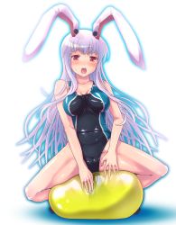 Rule 34 | 1girl, animal ears, bad id, bad pixiv id, ball, rabbit ears, competition swimsuit, exercise ball, female focus, highres, inuga anahoru, long hair, one-piece swimsuit, open mouth, purple hair, red eyes, reisen udongein inaba, solo, swimsuit, touhou, very long hair