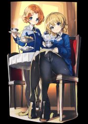 Rule 34 | 10s, 2girls, black legwear, blonde hair, blouse, blue eyes, blush, braid, cake, cookie, cup, darjeeling (girls und panzer), emblem, food, girls und panzer, holding, holding plate, indoors, last period, loafers, long sleeves, macaron, miniskirt, multiple girls, official art, orange hair, orange pekoe (girls und panzer), pantyhose, parted bangs, plate, pleated skirt, saucer, shirt, shoes, sitting, skirt, smile, standing, table, teacup, thighs, tiered tray, transparent background, twin braids, v-neck, white shirt, wooden table