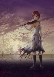 Rule 34 | 1girl, absurdres, bangs pinned back, bare shoulders, boots, bow (music), cloud, cloudy sky, cross, dress, earrings, from behind, hair ornament, halterneck, highres, horizon, instrument, jewelry, kisaragi yuki emilio, knee boots, looking at viewer, looking back, ocean, original, parted lips, petals, red eyes, red hair, sky, solo, star (symbol), star hair ornament, strapless, strapless dress, sunset, swept bangs, traditional media, violin
