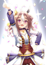 Rule 34 | 1girl, absurdres, ahoge, animal ears, arm up, blush, brown hair, choker, clothing cutout, starting future (umamusume), confetti, copano rickey (umamusume), cropped jacket, diffraction spikes, fang, half-skirt, hand on own hip, highres, horse ears, long hair, long sleeves, looking at viewer, multicolored hair, navel cutout, open mouth, pointing, pointing up, red eyes, red shorts, red vest, shintakumin, shirt, shorts, smile, solo, spotlight, sweatdrop, two-tone hair, umamusume, vest, white hair, white shirt, wristband
