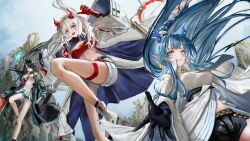 3girls :d arknights arm_up bandeau black_hair blue_hair colored_extremities commentary dragon_girl dragon_horn dragon_tail dusk_(arknights) earrings grin hair_between_eyes highres jacket jewelry jumping leg_up ling_(arknights) long_hair looking_at_viewer multicolored_hair multiple_girls necktie nian_(arknights) on_(yattemasu) open_mouth outdoors outstretched_arm outstretched_hand pink_eyes pointy_ears reaching reaching_towards_viewer red_bandeau red_hair red_necktie shorts siblings sisters smile streaked_hair tail thigh_strap white_hair white_jacket white_shorts yellow_necktie