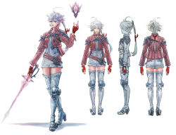 Rule 34 | 1girl, ahoge, alisaie leveilleur, arms at sides, blue eyes, boots, chest belt, concept art, cropped jacket, earclip, earrings, elezen, elf, expressionless, final fantasy, final fantasy xiv, fingerless gloves, floating, floating object, full body, gloves, hair ribbon, hand up, high heel boots, high heels, holding, holding sword, holding weapon, jacket, jewelry, knee pads, long hair, looking at viewer, multiple views, namae ayumi, official art, pointy ears, ponytail, rapier, red gloves, red jacket, red mage (final fantasy), ribbon, romper, simple background, single earring, standing, straight-on, sword, thigh boots, third-party source, weapon, white background, white footwear, white hair, white romper
