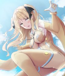Rule 34 | 1girl, ao no kanata no four rhythm, bad id, bad pixiv id, black ribbon, blonde hair, blue sky, bodysuit, breasts, brown eyes, cloud, flying, gloves, hair ribbon, highres, keenh, large breasts, long hair, looking at viewer, ribbon, satouin reiko, skin tight, sky, smile, solo, two side up, yellow bodysuit