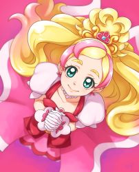Rule 34 | 1girl, blonde hair, bow, chocokin, closed mouth, collarbone, cure flora, earrings, from above, gloves, go! princess precure, green eyes, haruno haruka, highres, jewelry, long hair, looking at viewer, magical girl, multicolored hair, own hands clasped, own hands together, pink background, pink hair, pink skirt, precure, puffy sleeves, simple background, skirt, smile, solo, streaked hair, thick eyebrows, two-tone hair, waist bow, white gloves