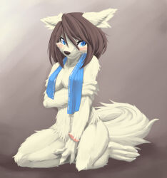 Rule 34 | 1girl, :3, animal ears, animal feet, animal hands, animal nose, arm up, averting eyes, barefoot, blue eyes, blush, body fur, breasts, brown background, claws, cleavage, closed mouth, collarbone, completely nude, feet, female focus, fox ears, fox girl, fox tail, full body, furry, furry female, hair between eyes, highres, holding own arm, kame (3t), kneeling, looking to the side, medium breasts, medium hair, navel, nude, original, pink scrunchie, scrunchie, shy, sidelocks, simple background, sitting, snout, solo, swept bangs, tail, towel, towel around neck, white fur, wrist scrunchie