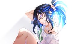 Rule 34 | 1girl, absurdres, adidas, animification, blue hair, bra strap, brown eyes, glasses, hair behind ear, highres, jewelry, kson, long hair, looking at viewer, nisego, parted hair, ponytail, real life, ring, shirt, shorts, simple background, smile, solo, t-shirt, virtual youtuber, vshojo, white background, white shirt