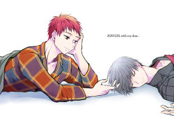 Rule 34 | 1220x0301, 2boys, akashi seijuurou, closed mouth, grey hair, hand on own face, happy birthday, head rest, highres, kuroko no basuke, looking at another, male focus, matching hair/eyes, mayuzumi chihiro, multiple boys, red eyes, red hair, shirt, short hair, smile, yaoi