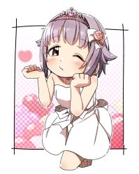 Rule 34 | 1girl, bare arms, bare shoulders, blush, bow, breasts, brown eyes, closed mouth, commentary request, cropped legs, dress, flower, grey hair, hair bow, hair flaps, hair intakes, hands up, heart, highres, idolmaster, idolmaster cinderella girls, koshimizu sachiko, looking at viewer, one eye closed, pink flower, pink rose, polka dot, polka dot background, rose, small breasts, solo, strapless, strapless dress, tiara, white bow, white dress, yukie (kusaka shi)