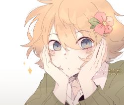 Rule 34 | 1boy, bad id, bad twitter id, basil (faraway) (omori), basil (omori), blonde hair, blush, commentary, english commentary, flower, green sweater, hair flower, hair ornament, hands on own face, looking at viewer, male focus, melonandeuwu, omori, shirt, solo, sweater, upper body, white shirt