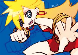 Rule 34 | 10s, 1girl, blonde hair, blue background, blue eyes, character name, earrings, halftone, highres, incoming attack, incoming punch, jewelry, long hair, looking at viewer, lots of jewelry, meme, official style, panty &amp; stocking with garterbelt, panty (psg), punching, smile, solo, zankuro