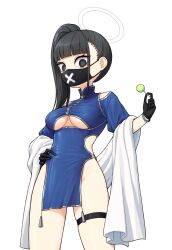 Rule 34 | 1girl, 28 (282teeth), absurdres, black gloves, black hair, black mask, blue archive, blue dress, blunt bangs, breasts, candy, china dress, chinese clothes, dress, food, gloves, halo, highres, holding, holding candy, holding food, looking at viewer, mask, medium breasts, mouth mask, pelvic curtain, shawl, side ponytail, solo, sukeban (smg) (blue archive), thigh strap, underboob, white shawl