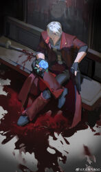 Rule 34 | 1boy, belt, black gloves, blood, blood on ground, blue eyes, blue flower, blue rose, boots, closed mouth, coat, dabaitu qipao go, dante (devil may cry), devil may cry, devil may cry (series), devil may cry 4, ebony &amp; ivory, facial hair, fingerless gloves, flower, full body, gloves, gun, highres, holding, male focus, mature male, muscular, muscular male, red coat, rose, sitting, smile, solo, sword, upper body, weapon, weibo watermark, white hair