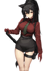 Rule 34 | 1girl, absurdres, animal ears, arknights, belt, belt pouch, black hair, black skirt, breasts, closed mouth, collared shirt, feet out of frame, female focus, gloves, green necktie, hand on weapon, high-waist skirt, highres, impossible clothes, impossible shirt, large breasts, long hair, long sleeves, looking at viewer, miniskirt, molyb, necktie, official alternate costume, orange eyes, pencil skirt, ponytail, pouch, red gloves, red shirt, sheath, sheathed, shirt, shirt tucked in, sidelocks, simple background, skirt, smile, solo, standing, sword, tail, texas (arknights), texas (willpower) (arknights), thigh gap, thigh pouch, thigh strap, thighs, weapon, white background, wolf ears, wolf girl, wolf tail