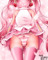 Rule 34 | 1girl, cherry, detached sleeves, dr rex, food, food-themed hair ornament, from behind, fruit, hair ornament, hatsune miku, long hair, panties, pantyshot, pink hair, sakura miku, skirt, solo, striped clothes, striped panties, thighhighs, twintails, underwear, very long hair, vocaloid
