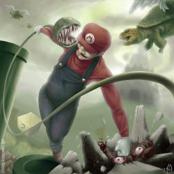 Rule 34 | 1boy, ? block, blood, blouse, blue overalls, day, death, goomba, guro, hat, male focus, mario, mario (series), nintendo, outdoors, overalls, piranha plant, punching, realistic, red hat, red shirt, shirt, solo, super mario bros. 1, ted mcclung, turtle