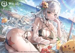 Rule 34 | 1girl, arm support, ass, azur lane, bare shoulders, beach, bikini, blunt bangs, breasts, cleavage, closed mouth, flower, grey eyes, grey hair, hair flower, hair ornament, hair ribbon, highres, large breasts, long hair, long sleeves, looking at viewer, lying, manjuu (azur lane), mungduck, official art, on side, outdoors, ribbon, smile, solo, starfish, swimsuit, vittorio veneto (azur lane), wet