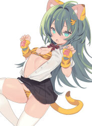 Rule 34 | 1girl, :o, ahoge, animal ears, animal hands, bikini, bikini under clothes, black skirt, blade (galaxist), blue eyes, blush, bow, bowtie, buttons, collared shirt, fang, feet out of frame, gloves, green hair, hair between eyes, highres, kemonomimi mode, long hair, looking at viewer, miniskirt, nail polish, open clothes, open hands, open mouth, open shirt, original, paw gloves, plaid, plaid bow, plaid bowtie, pleated skirt, school uniform, shirt, short sleeves, sidelocks, simple background, skirt, solo, striped bikini, striped clothes, swimsuit, tail, thighhighs, tiger ears, tiger stripes, tiger tail, unbuttoned, white background, white shirt, white thighhighs, yellow gloves, yellow nails