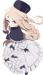 Rule 34 | 1girl, abigail williams (event portrait) (fate), abigail williams (fate), black hat, black shirt, blonde hair, blue eyes, bodystocking, braid, braided ponytail, breasts, collarbone, dress, fate/grand order, fate (series), forehead, full body, gamuo, grey dress, hat, keyhole, long hair, long sleeves, looking at viewer, off shoulder, parted bangs, shirt, sidelocks, small breasts, solo, very long hair