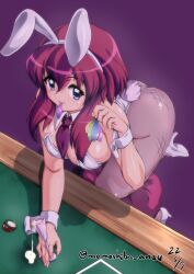 Rule 34 | 1girl, animal ears, black pantyhose, blue eyes, condom, condom in mouth, dated, detached collar, fake animal ears, fake tail, henrietta de tristain, holding, holding condom, leotard, looking at viewer, mouth hold, nafta, necktie, pantyhose, playboy bunny, poker chip, poker table, purlple necktie, purple background, purple hair, rabbit tail, signature, simple background, solo, spilling, suggestive fluid, table, tail, used condom, white footwear, white leotard, wrist cuffs, zero no tsukaima