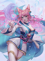 Rule 34 | 1girl, absurdres, ahri (league of legends), alternate costume, alternate hair color, alternate hairstyle, animal ears, bare shoulders, bell, blue eyes, blush, breasts, choker, cleavage, detached sleeves, facial mark, fox ears, fox tail, hair between eyes, hair ornament, hair ribbon, heart, highres, huge filesize, japanese clothes, kimono, kyuubi, large breasts, league of legends, long hair, looking at viewer, meowlian, multiple tails, nail polish, open mouth, petals, pink hair, pink nails, ribbon, smile, solo, spirit blossom ahri, tail, thighhighs, vastaya, whisker markings