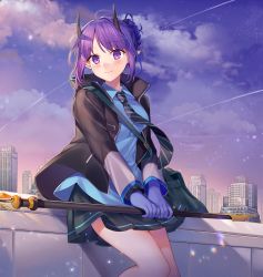 Rule 34 | 1girl, arknights, black jacket, black skirt, blue gloves, blue shirt, cloud, cloudy sky, collared shirt, dusk, gloves, gradient sky, hibiscus (arknights), highres, holding, horns, ion (on01e), jacket, long sleeves, looking at viewer, miniskirt, necktie, open clothes, open jacket, outdoors, pleated skirt, pointy ears, purple eyes, purple hair, purple sky, shirt, short hair, sidelocks, skirt, sky, smile, solo, staff, striped necktie, striped neckwear