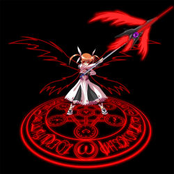 Rule 34 | 00s, 1girl, alternate color, alternate weapon, black background, energy wings, hexagram, lyrical nanoha, magic circle, magical girl, mahou shoujo lyrical nanoha, mahou shoujo lyrical nanoha a&#039;s, raising heart, red eyes, red hair, solo, takamachi nanoha, twintails, weapon, white devil, wings
