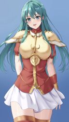Rule 34 | 1girl, :d, absurdres, amayo thranana, aqua eyes, aqua hair, armor, breastplate, commission, earrings, eirika (fire emblem), fingerless gloves, fire emblem, fire emblem: the sacred stones, gloves, highres, jewelry, long hair, looking at viewer, miniskirt, nintendo, open mouth, red gloves, red shirt, red thighhighs, shirt, short sleeves, shoulder armor, skeb commission, skirt, smile, solo, thighhighs, white skirt, zettai ryouiki