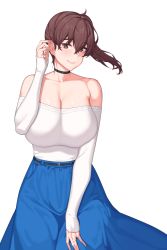 Rule 34 | 1girl, bare shoulders, belt, black belt, black choker, blue dress, breasts, brown eyes, brown hair, choker, cleavage, closed mouth, cowboy shot, detached sleeves, dress, franham, hair between eyes, tucking hair, hand on own ear, highres, huge breasts, kaga (kancolle), kantai collection, long hair, long sleeves, looking at viewer, shirt, side ponytail, sleeves past wrists, smile, solo, strapless, tsurime, tube top, white shirt, white sleeves
