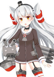 Rule 34 | &gt;:o, 10s, 1girl, :o, absurdres, amatsukaze (kancolle), asusilver (artist), blush, brown dress, brown eyes, cowboy shot, dress, fang, garter straps, gloves, hair tubes, hand on own hip, hat, head tilt, highres, kantai collection, long hair, long sleeves, looking at viewer, open mouth, pink eyes, rensouhou-chan, sailor dress, silver hair, simple background, single glove, striped clothes, striped thighhighs, thighhighs, torpedo, two side up, v-shaped eyebrows, very long hair, white background, white gloves