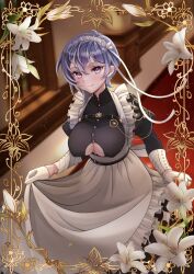 Rule 34 | 1girl, apron, azur lane, bellona (armed to clean) (azur lane), bellona (azur lane), belt, black belt, black shirt, blue eyes, blue hair, blurry, blurry background, breasts, buttons, chest strap, closed mouth, clothing cutout, earrings, flower, frilled apron, frills, gloves, highres, holding apron, irasuto neko35, jewelry, large breasts, maid, maid headdress, puffy sleeves, shirt, smile, solo, underboob, underboob cutout, white apron, white flower, white gloves