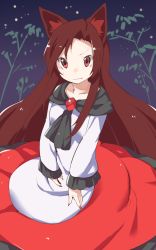 Rule 34 | 1girl, akagashi hagane, angry, animal ears, ascot, bamboo, brown hair, dress, fang, highres, imaizumi kagerou, long hair, long sleeves, looking at viewer, night, red dress, red eyes, solo, touhou, wide sleeves, wolf ears